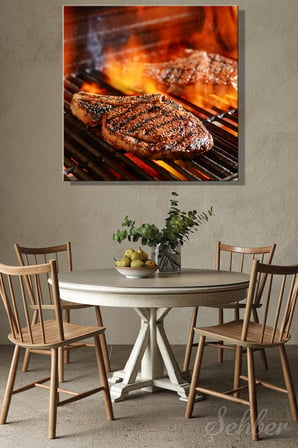 Alevli Mangalda Izgara Yapılan Kemikli Antrikot (Ribeye Steak) Parçaları Kare Kanvas Tablo Tekli 3766