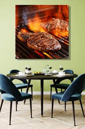Alevli Mangalda Izgara Yapılan Kemikli Antrikot (Ribeye Steak) Parçaları Kare Kanvas Tablo Tekli 3766
