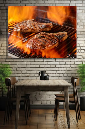 Mangal Izgarasında Pişen İki Adet Kemikli Antrikot (Ribeye Steak) Yatay Kanvas Tablo Tekli 3767