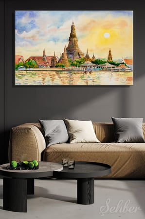 Sulu Boya Efekt Tayland Bangkok'taki Ünlü Wat Arun Tapınağı Yatay Kanvas Tablo Tekli 3800