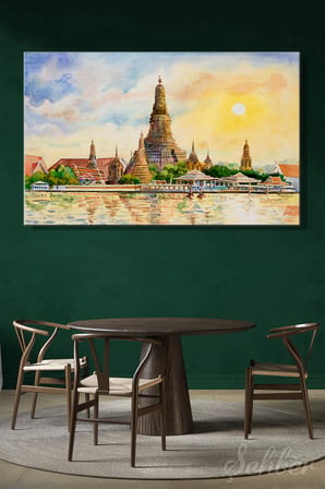 Sulu Boya Efekt Tayland Bangkok'taki Ünlü Wat Arun Tapınağı Yatay Kanvas Tablo Tekli 3800