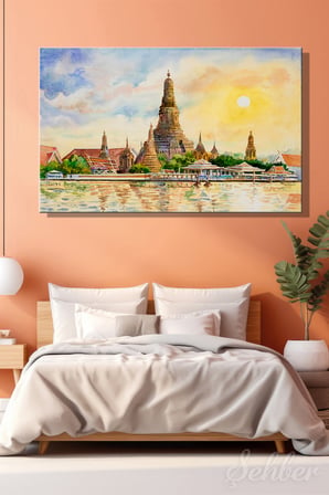 Sulu Boya Efekt Tayland Bangkok'taki Ünlü Wat Arun Tapınağı Yatay Kanvas Tablo Tekli 3800