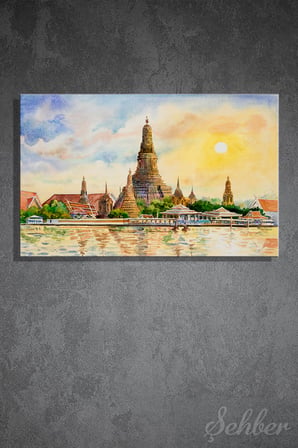 Sulu Boya Efekt Tayland Bangkok'taki Ünlü Wat Arun Tapınağı Yatay Kanvas Tablo Tekli 3800