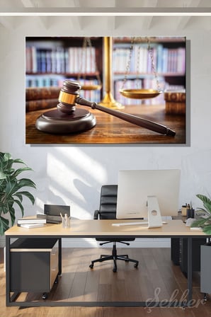Hakim Tokmağı (Gavel) Ve Flu Kütüphane Rafları İle Adalet Terazisi Yatay Kanvas Tablo 3860