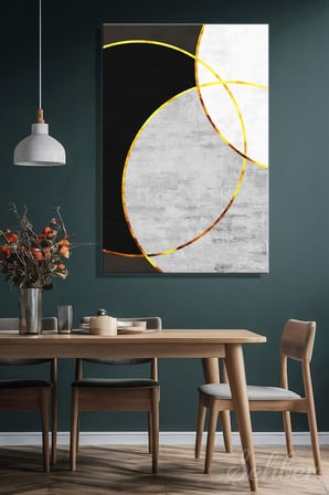 Siyah Gri Beyaz Zeminde  Altın Geometrik Daire Ve Çember Detayları Dikey Kanvas Tablo 3889