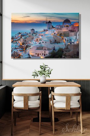 Yunanistan Santorini Adası Oia Köyünün Gün Batımına Manzarası Yatay Kanvas Tablo Tekli 3966
