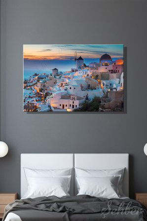 Yunanistan Santorini Adası Oia Köyünün Gün Batımına Manzarası Yatay Kanvas Tablo Tekli 3966