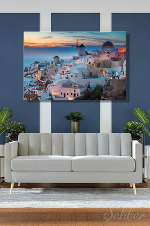 Yunanistan Santorini Adası Oia Köyünün Gün Batımına Manzarası Yatay Kanvas Tablo Tekli 3966