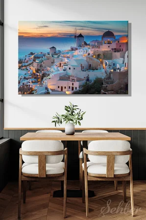 Yunanistan Santorini Adası Oia Köyünün Gün Batımına Manzarası Yatay Kanvas Tablo Tekli 3966