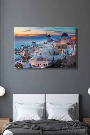 Yunanistan Santorini Adası Oia Köyünün Gün Batımına Manzarası Yatay Kanvas Tablo Tekli 3966