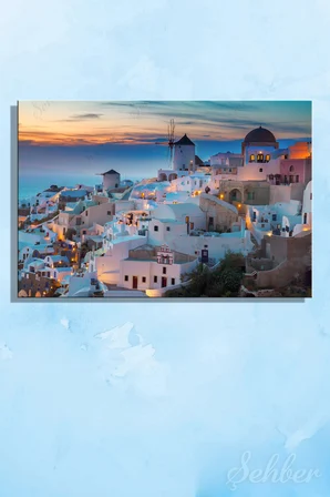 Yunanistan Santorini Adası Oia Köyünün Gün Batımına Manzarası Yatay Kanvas Tablo Tekli 3966