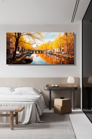 Amsterdam'ın Sonbahar Manzaralı Panoramik Yatay Kanvas Tablosu 4053