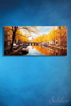 Amsterdam'ın Sonbahar Manzaralı Panoramik Yatay Kanvas Tablosu 4053