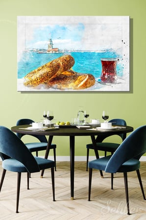 Kız Kulesi Manzarası Eşliğinde Simit Ve İnce Belli Bardakta Çay Yatay Kanvas Tablo 4054