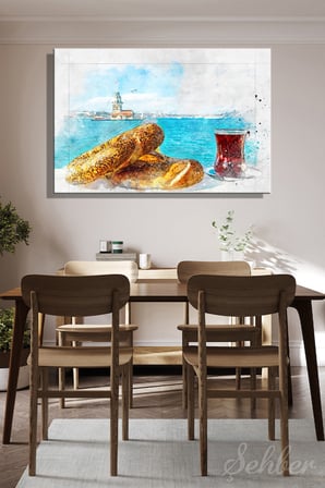 Kız Kulesi Manzarası Eşliğinde Simit Ve İnce Belli Bardakta Çay Yatay Kanvas Tablo 4054