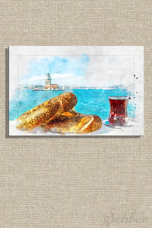 Kız Kulesi Manzarası Eşliğinde Simit Ve İnce Belli Bardakta Çay Yatay Kanvas Tablo 4054