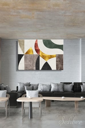 Kanvas Tablo Yeşil Gri Siyah Ve Altın Soyut Geometrik Desenli Yatay Salon Tablosu - 4069