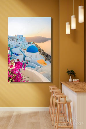 Yunanistan Santorini Adası Oia Köyünün İkonik Mavi Kubbeli Kilisesi Dikey Kanvas Tablo 4074
