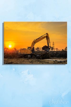 Gün Batımında Çalışan Paletli Bir Ekskavatör (İş Makinesi) Yatay Kanvas Tablo 4105