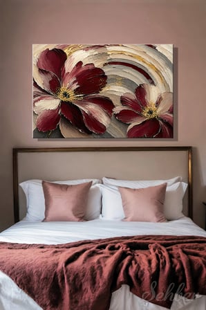 Canlı Bordo Çiçek Ve Fırça Darbeleri Soyut Dekotatif Kanvas Tablo Yatay Tekli 4140