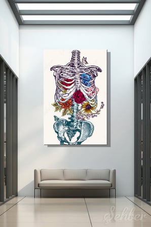 İnsan Göğüs Kafesi Ve Pelvis Bölgesi İçinde Rengarenk Çiçekler Kelebekler Dikey Kanvas Tablo 4144