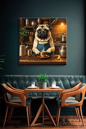 Sıcak Kahve Tonlarda Barista Pug Köpeği Esprili Kare Kanvas Tablo Tekli 4149