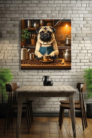 Sıcak Kahve Tonlarda Barista Pug Köpeği Esprili Kare Kanvas Tablo Tekli 4149