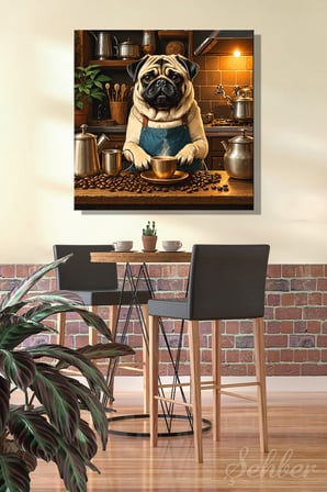 Sıcak Kahve Tonlarda Barista Pug Köpeği Esprili Kare Kanvas Tablo Tekli 4149