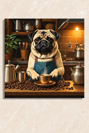 Sıcak Kahve Tonlarda Barista Pug Köpeği Esprili Kare Kanvas Tablo Tekli 4149