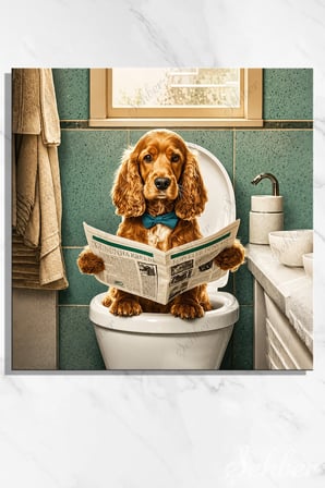 Tuvalette Mavi Papyonuyla Gazete Okuyan Sevimli Cocker Spaniel Köpeği Kare Kanvas Tablo Tekli 4151