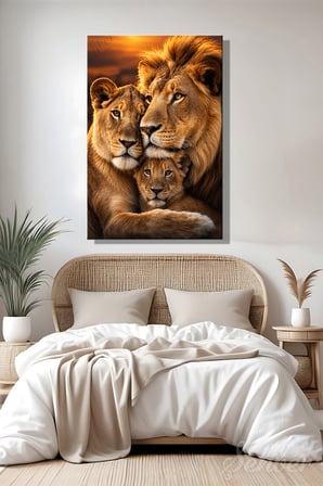 Erkek Aslan Dişi Aslan Ve Yavrudan Oluşan Sıcak Bir Aslan Ailesi Dikey Kanvas Tablo Tekli 4164