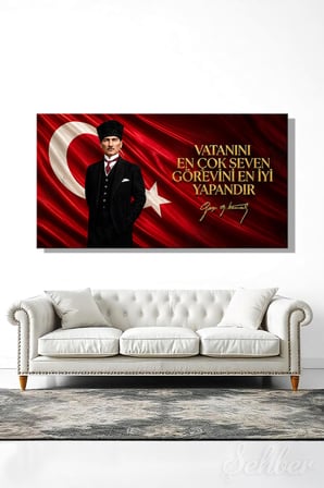 Türk Bayrağı Motifi Gazi Mustafa Kemal Atatürk Portresi Ve Bir Özlü Sözü Yatay Kanvas Tablo 4170