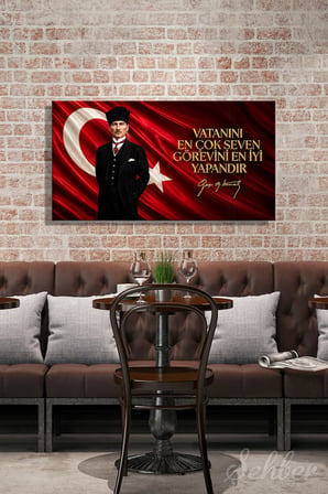 Türk Bayrağı Motifi Gazi Mustafa Kemal Atatürk Portresi Ve Bir Özlü Sözü Yatay Kanvas Tablo 4170
