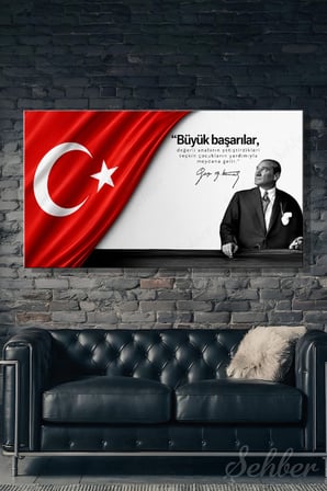 Türk Bayrağı Motifi Gazi Mustafa Kemal Atatürk Portresi Ve Bir Özlü Sözü Yatay Kanvas Tablo 4171