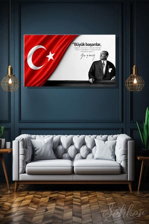 Türk Bayrağı Motifi Gazi Mustafa Kemal Atatürk Portresi Ve Bir Özlü Sözü Yatay Kanvas Tablo 4171