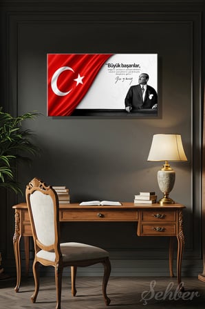 Türk Bayrağı Motifi Gazi Mustafa Kemal Atatürk Portresi Ve Bir Özlü Sözü Yatay Kanvas Tablo 4171