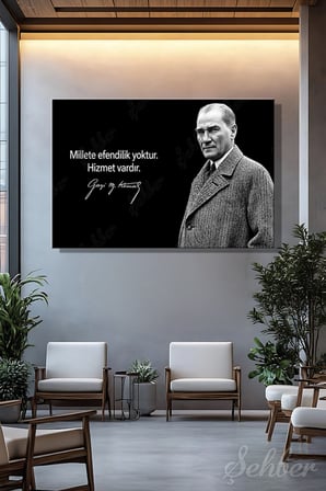Gazi Mustafa Kemal Atatürk'ün Siyah-Beyaz Portresi Ve Bir Özlü Sözü Yatay Kanvas Tablo 4179