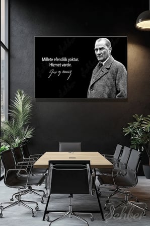 Gazi Mustafa Kemal Atatürk'ün Siyah-Beyaz Portresi Ve Bir Özlü Sözü Yatay Kanvas Tablo 4179
