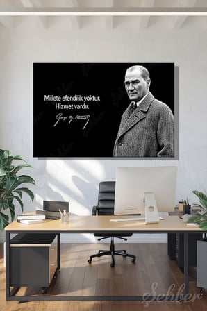 Gazi Mustafa Kemal Atatürk'ün Siyah-Beyaz Portresi Ve Bir Özlü Sözü Yatay Kanvas Tablo 4179