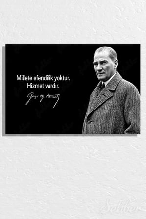 Gazi Mustafa Kemal Atatürk'ün Siyah-Beyaz Portresi Ve Bir Özlü Sözü Yatay Kanvas Tablo 4179