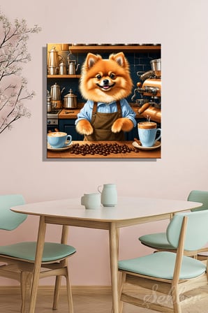 Barista Önlüğü Giymiş Sevimli Bir Pomeranian Köpek Kare Kanvas Tablo 4200
