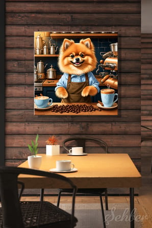 Barista Önlüğü Giymiş Sevimli Bir Pomeranian Köpek Kare Kanvas Tablo 4200