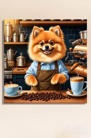 Barista Önlüğü Giymiş Sevimli Bir Pomeranian Köpek Kare Kanvas Tablo 4200