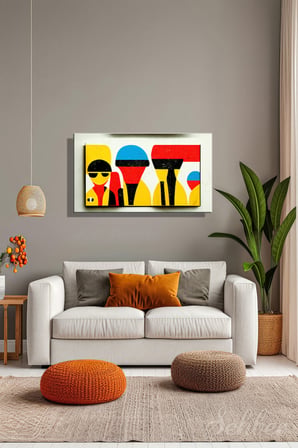 Kanvas Tablo Sarı Mavi Kırmızı Siyah Tonlarda Soyut Ve Geometrik Yatay Salon Tablosu - 4464