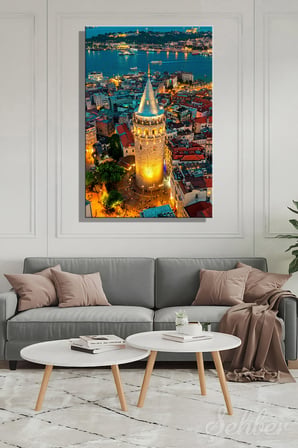 Kanvas Tablo İstanbul'daki Galata Kulesi Gece Manzarası Dikey Salon Tablosu - 4800