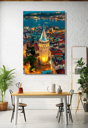 Kanvas Tablo İstanbul'daki Galata Kulesi Gece Manzarası Dikey Salon Tablosu - 4800