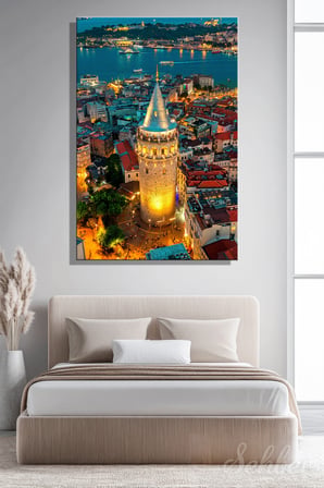 Kanvas Tablo İstanbul'daki Galata Kulesi Gece Manzarası Dikey Salon Tablosu - 4800