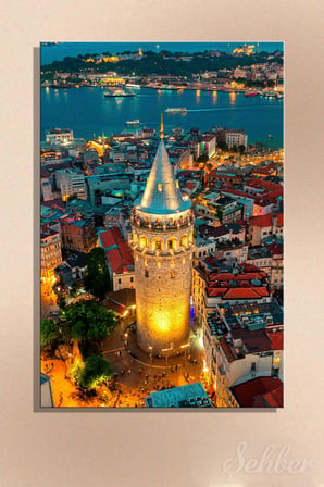 Kanvas Tablo İstanbul'daki Galata Kulesi Gece Manzarası Dikey Salon Tablosu - 4800