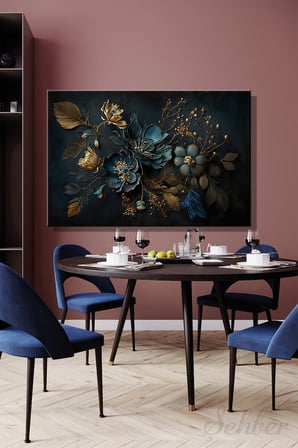 3D Gold Efektli Turkuaz Çiçek Temalı Yatay Kanvas Duvar Tablosu Salon Mutfak Yatakodası