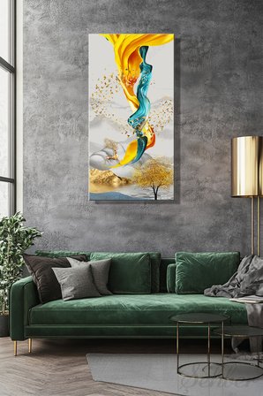 Panoramik Dikey Kanvas Tablo Tekli Salon Mutfak Yatak Odası Ofis Altın Geyik Ve Kuşlar 725